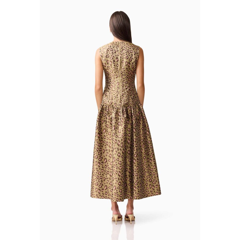 Elliatt Elara Drop Waist Midi Dress in Leopard Print in Green Dress size S NWT - Picture 4 of 8